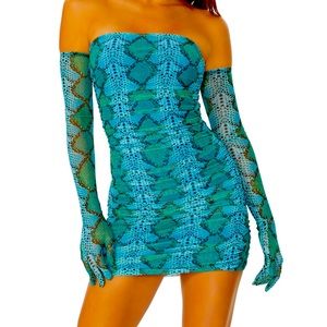 AFRM Danni Dress Teal Snake with gloves